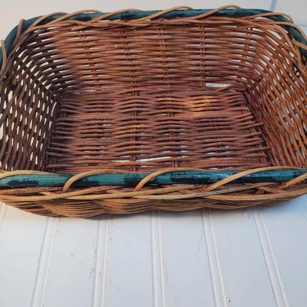 Vintage Woven Wicker Basket Ceramic Apple Handles Green Trim Rectangular Cottage